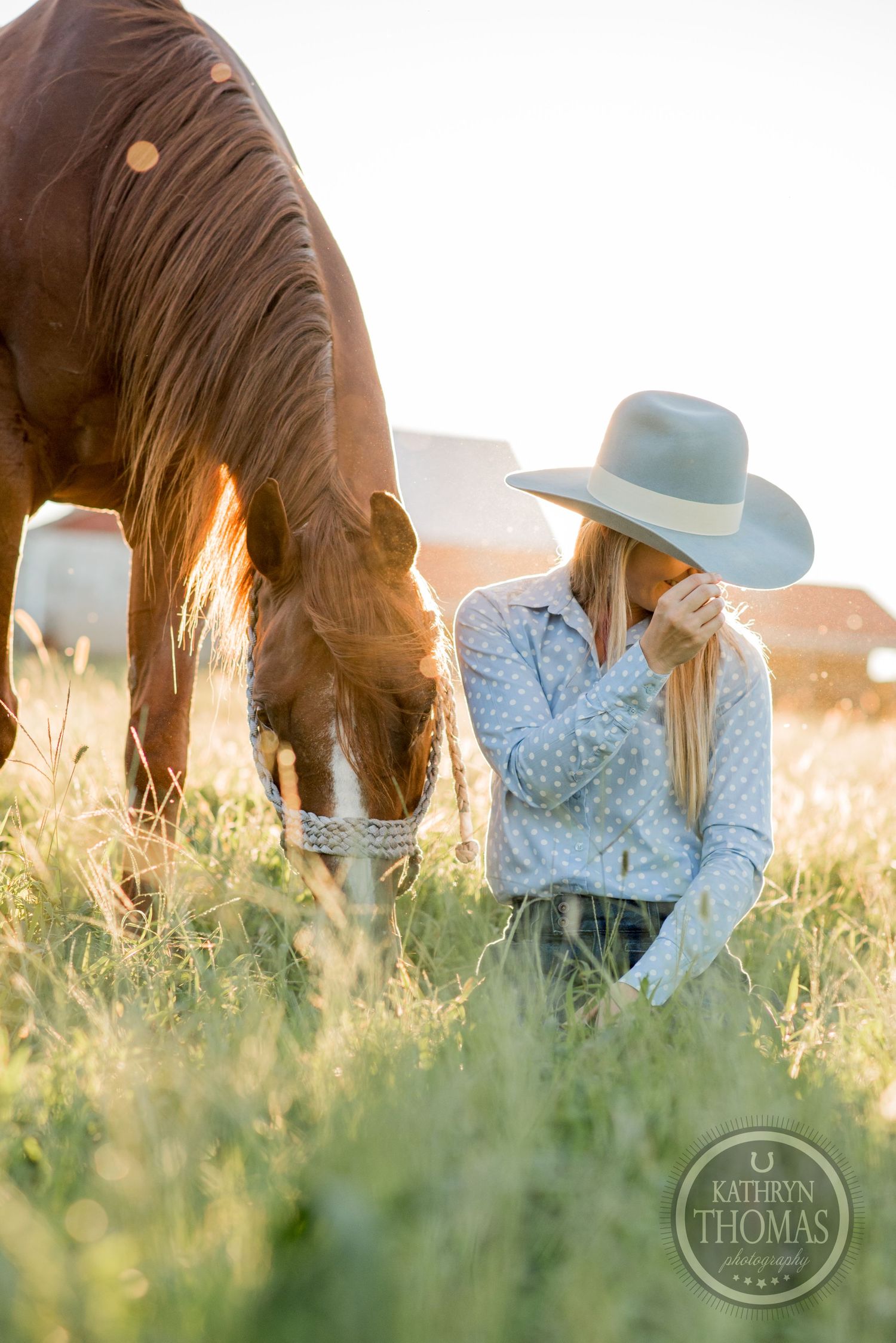 A brown horse grazes in a golden field at sunset beside someone in western attire.