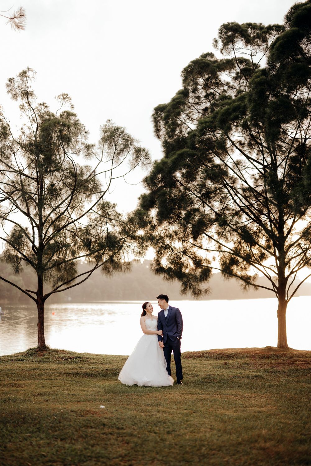 Bride and groom holding hands in between trees and a beautiful sunrise