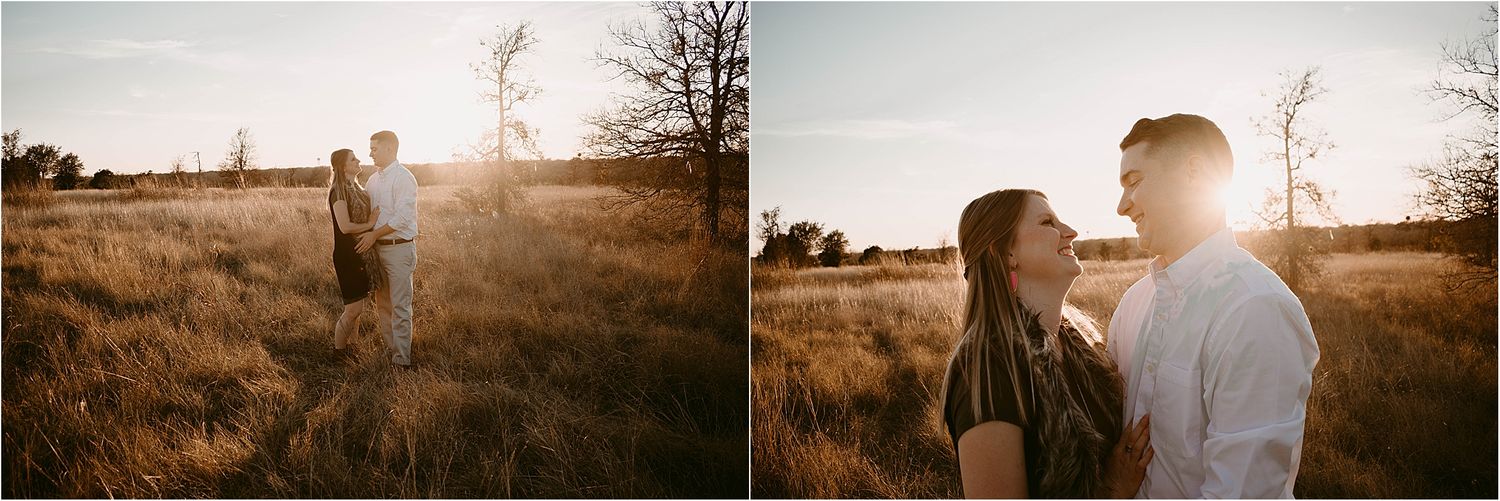Couple shares loving moments in golden field during sunset photoshoot.