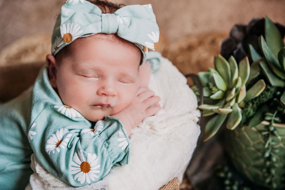 Sleeping newborn in a mint floral outfit with bow headband next to green succulents.