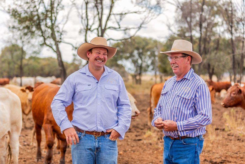 Ranchers in western wear discuss business while standing near their cattle herd.