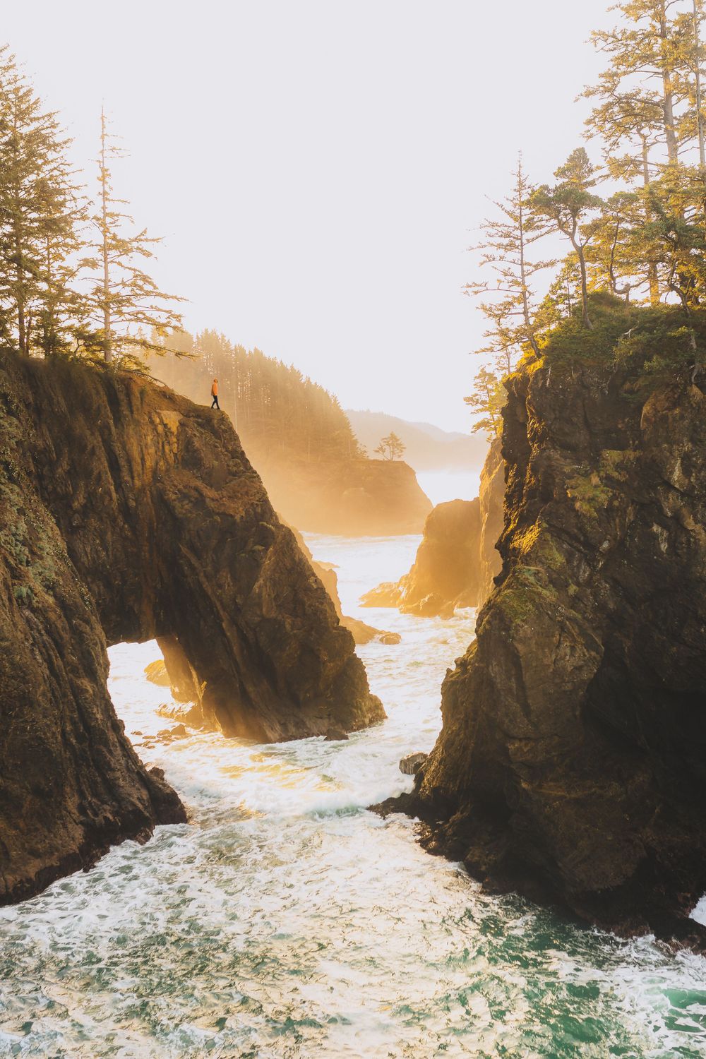 Sunlit rocky coastal gorge with crashing waves between steep cliffs.