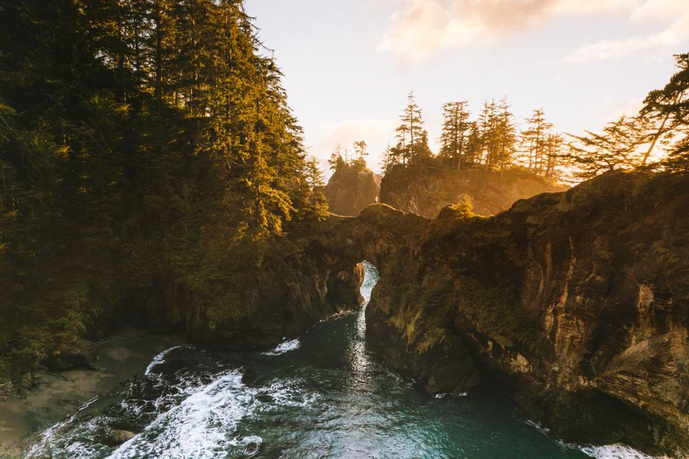 Dramatic waterfall cascading over mossy cliffs at sunset through evergreen forest.
