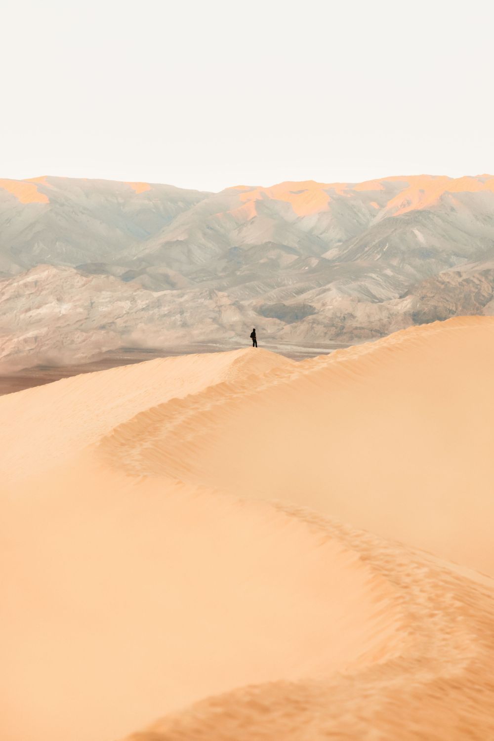 A lone figure stands atop a sweeping sand dune overlooking distant mountains at golden hour.