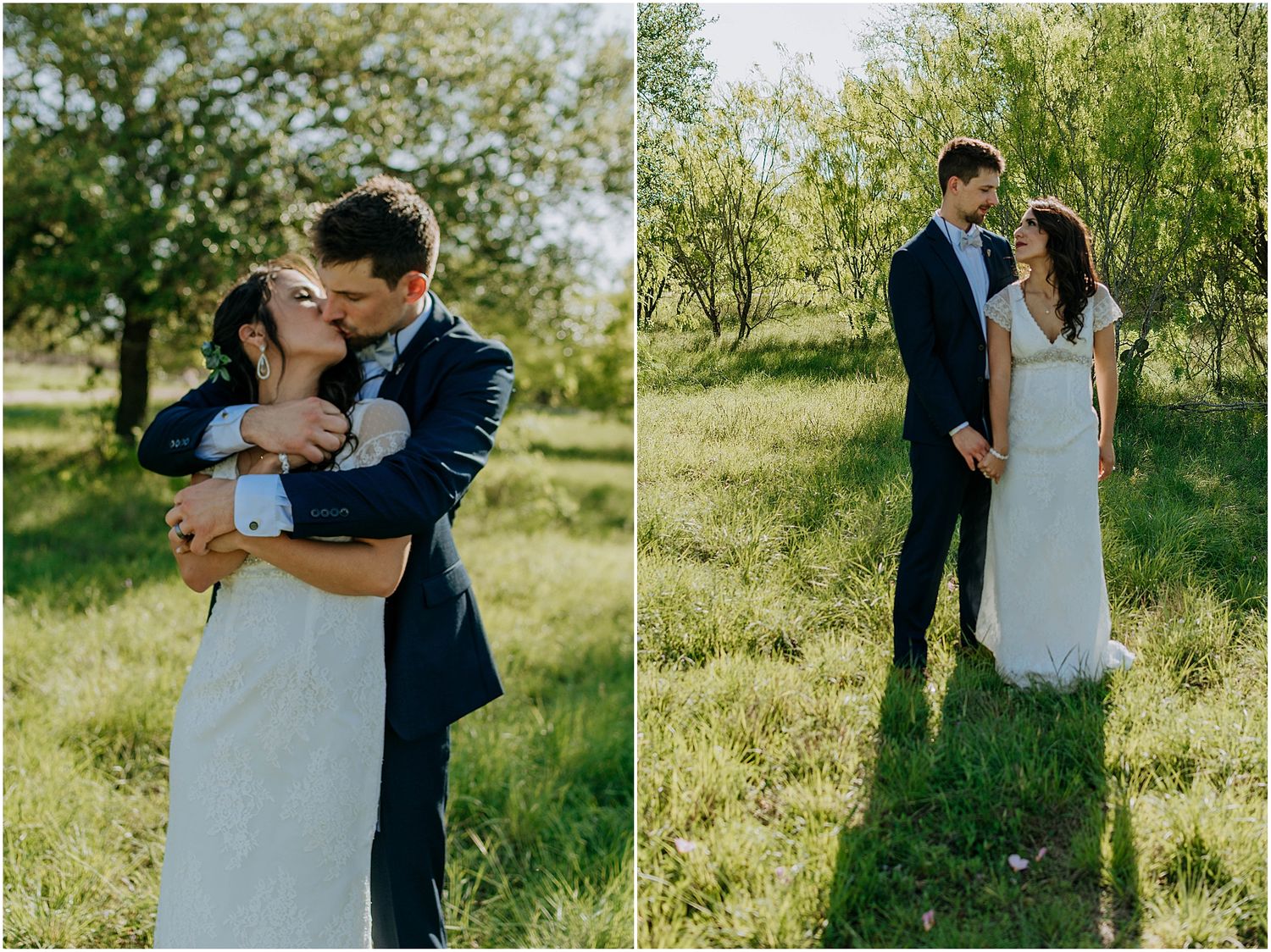 Wedding photographs showing tender moments between a couple in a sunlit meadow.