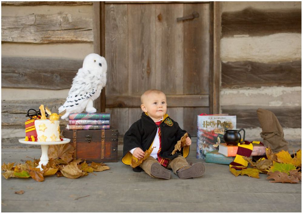 First Birthday Portrait Session with Harry Potter Theme at Jo Allyn Lowe Duck Pond Cabin Porch in Bartlesville Oklahoma