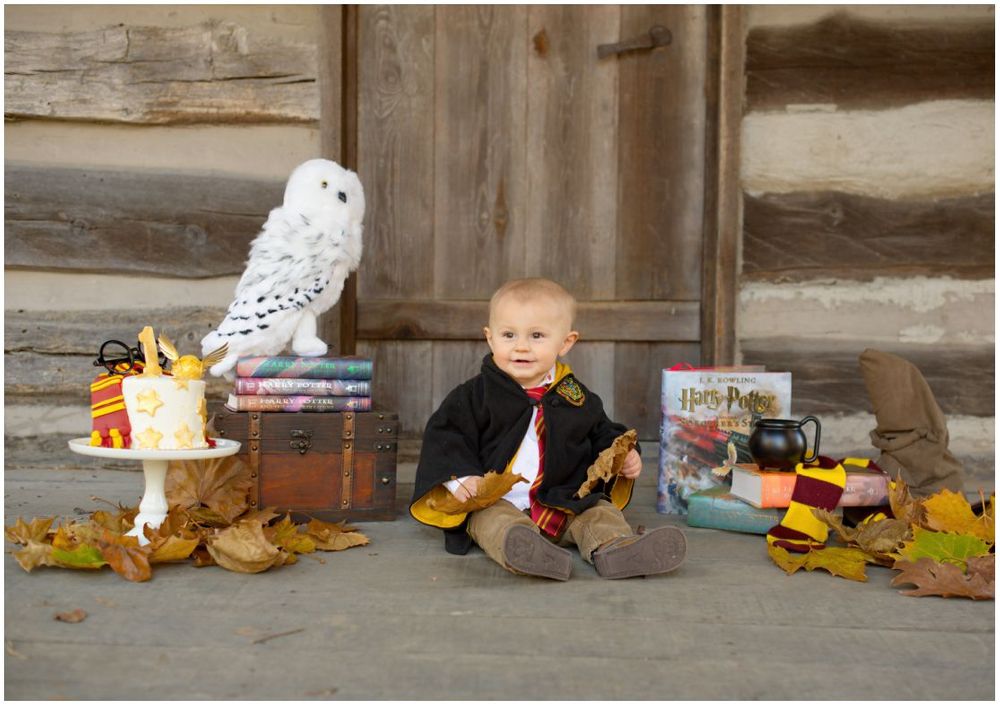First Birthday Portrait Session with Harry Potter Theme at Jo Allyn Lowe Duck Pond Cabin Porch in Bartlesville Oklahoma
