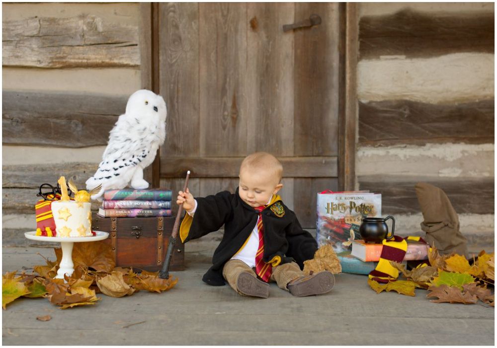 First Birthday Portrait Session with Harry Potter Theme at Jo Allyn Lowe Duck Pond Cabin Porch in Bartlesville Oklahoma