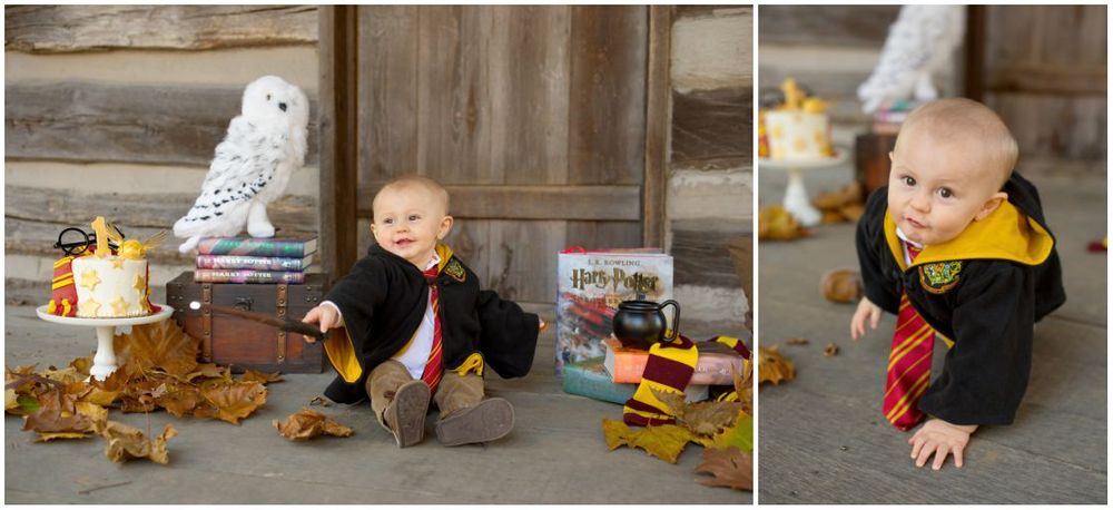 First Birthday Portrait Session with Harry Potter Theme at Jo Allyn Lowe Duck Pond Cabin Porch in Bartlesville Oklahoma