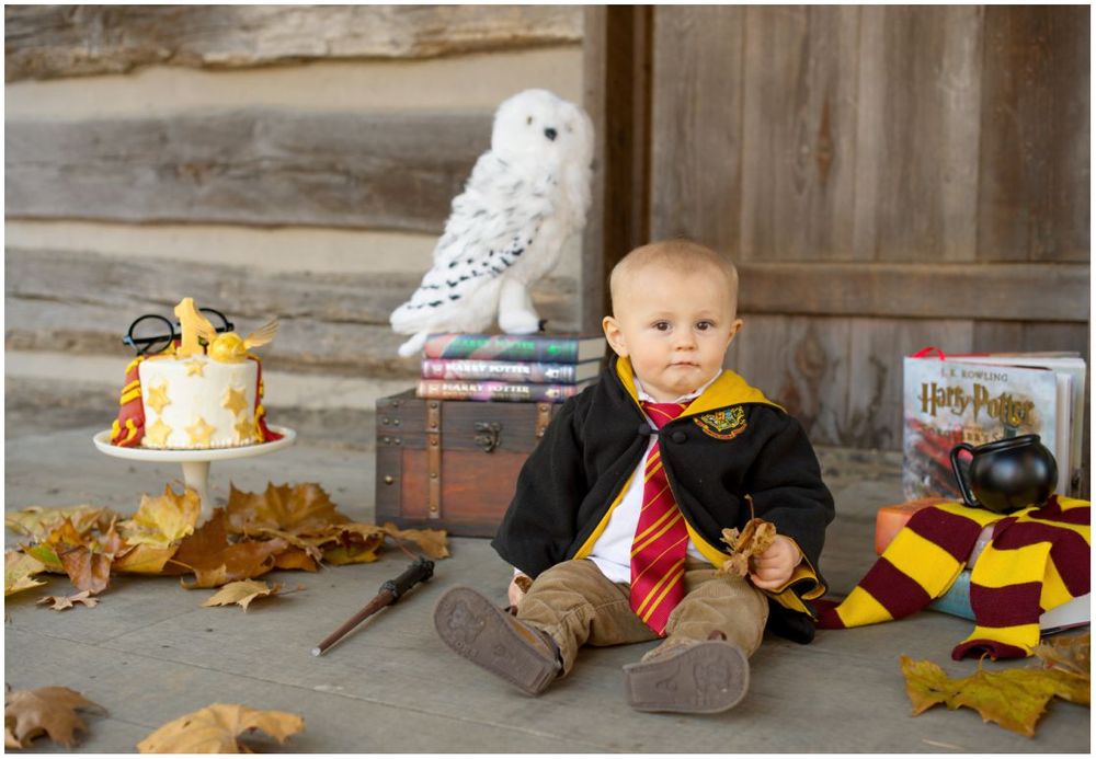 First Birthday Portrait Session with Harry Potter Theme at Jo Allyn Lowe Duck Pond Cabin Porch in Bartlesville Oklahoma