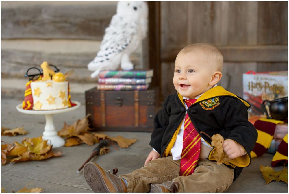 First Birthday Portrait Session with Harry Potter Theme at Jo Allyn Lowe Duck Pond Cabin Porch in Bartlesville Oklahoma