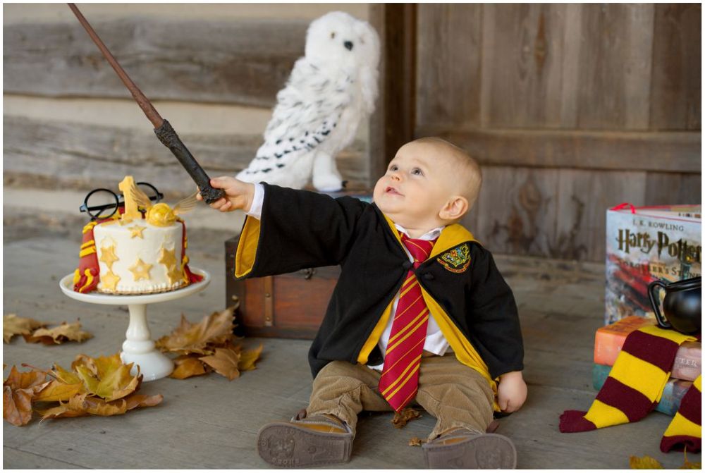 First Birthday Portrait Session with Harry Potter Theme at Jo Allyn Lowe Duck Pond Cabin Porch in Bartlesville Oklahoma