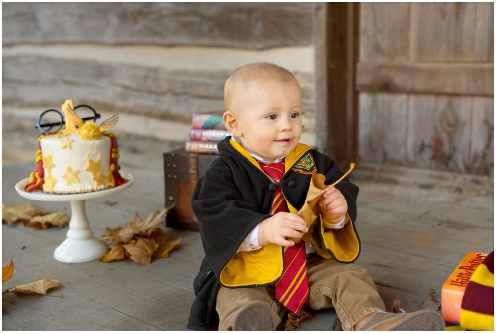 First Birthday Portrait Session with Harry Potter Theme at Jo Allyn Lowe Duck Pond Cabin Porch in Bartlesville Oklahoma