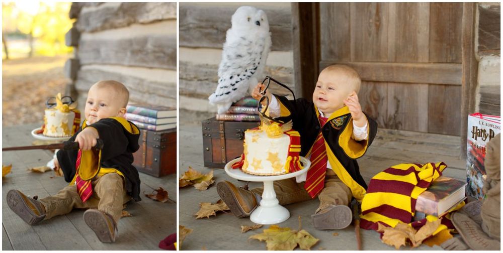 First Birthday Portrait Session with Harry Potter Theme at Jo Allyn Lowe Duck Pond Cabin Porch in Bartlesville Oklahoma