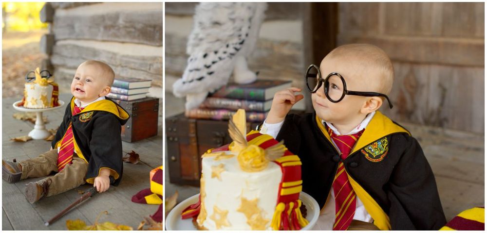First Birthday Portrait Session with Harry Potter Theme at Jo Allyn Lowe Duck Pond Cabin Porch in Bartlesville Oklahoma