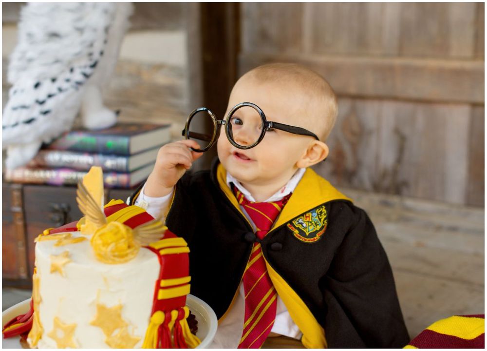 First Birthday Portrait Session with Harry Potter Theme at Jo Allyn Lowe Duck Pond Cabin Porch in Bartlesville Oklahoma