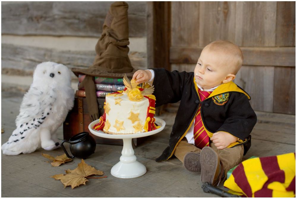 First Birthday Portrait Session with Harry Potter Theme at Jo Allyn Lowe Duck Pond Cabin Porch in Bartlesville Oklahoma