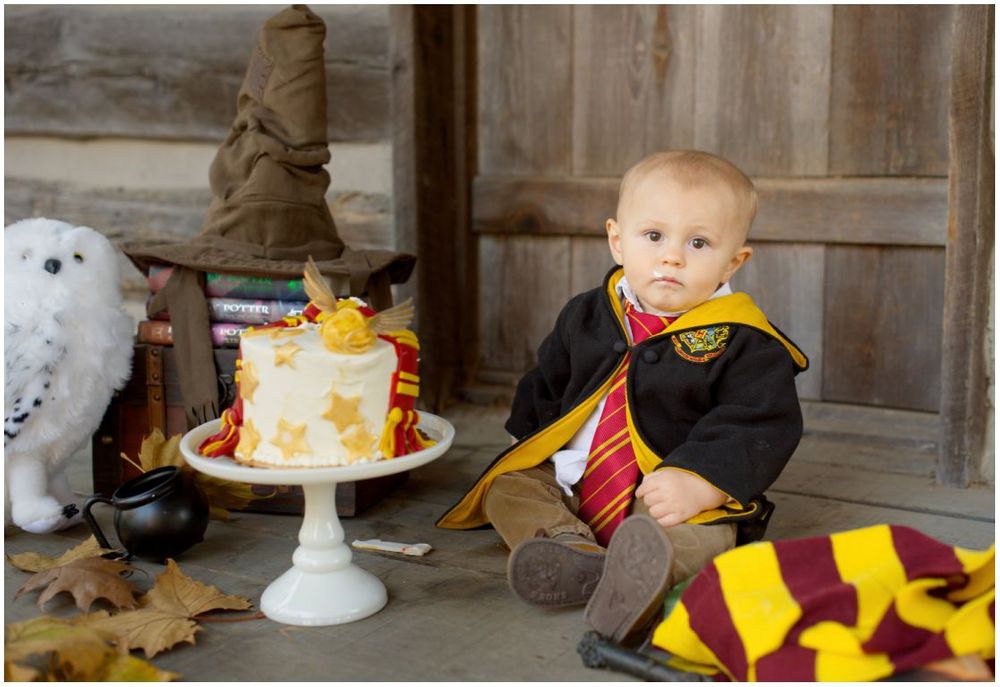 First Birthday Portrait Session with Harry Potter Theme at Jo Allyn Lowe Duck Pond Cabin Porch in Bartlesville Oklahoma