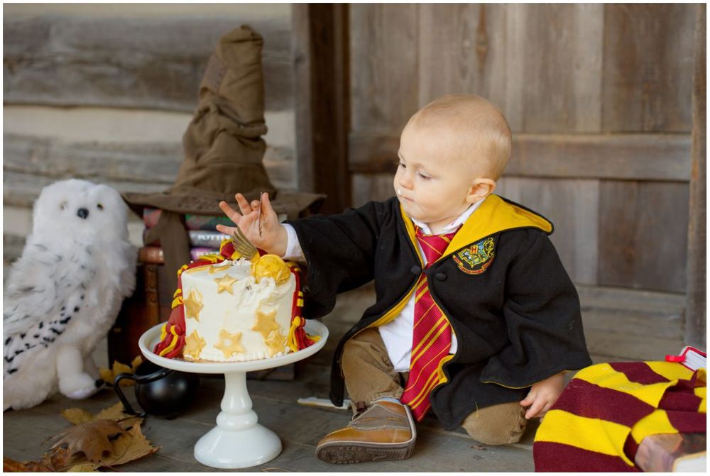 First Birthday Portrait Session with Harry Potter Theme at Jo Allyn Lowe Duck Pond Cabin Porch in Bartlesville Oklahoma