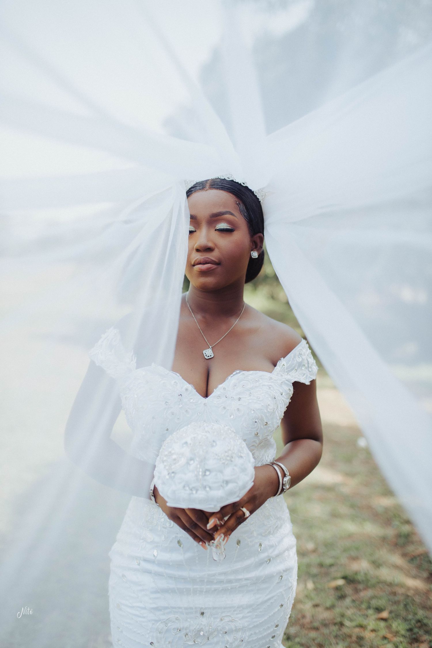 A bride in a stunning lace white wedding dress poses gracefully with her flowing veil.