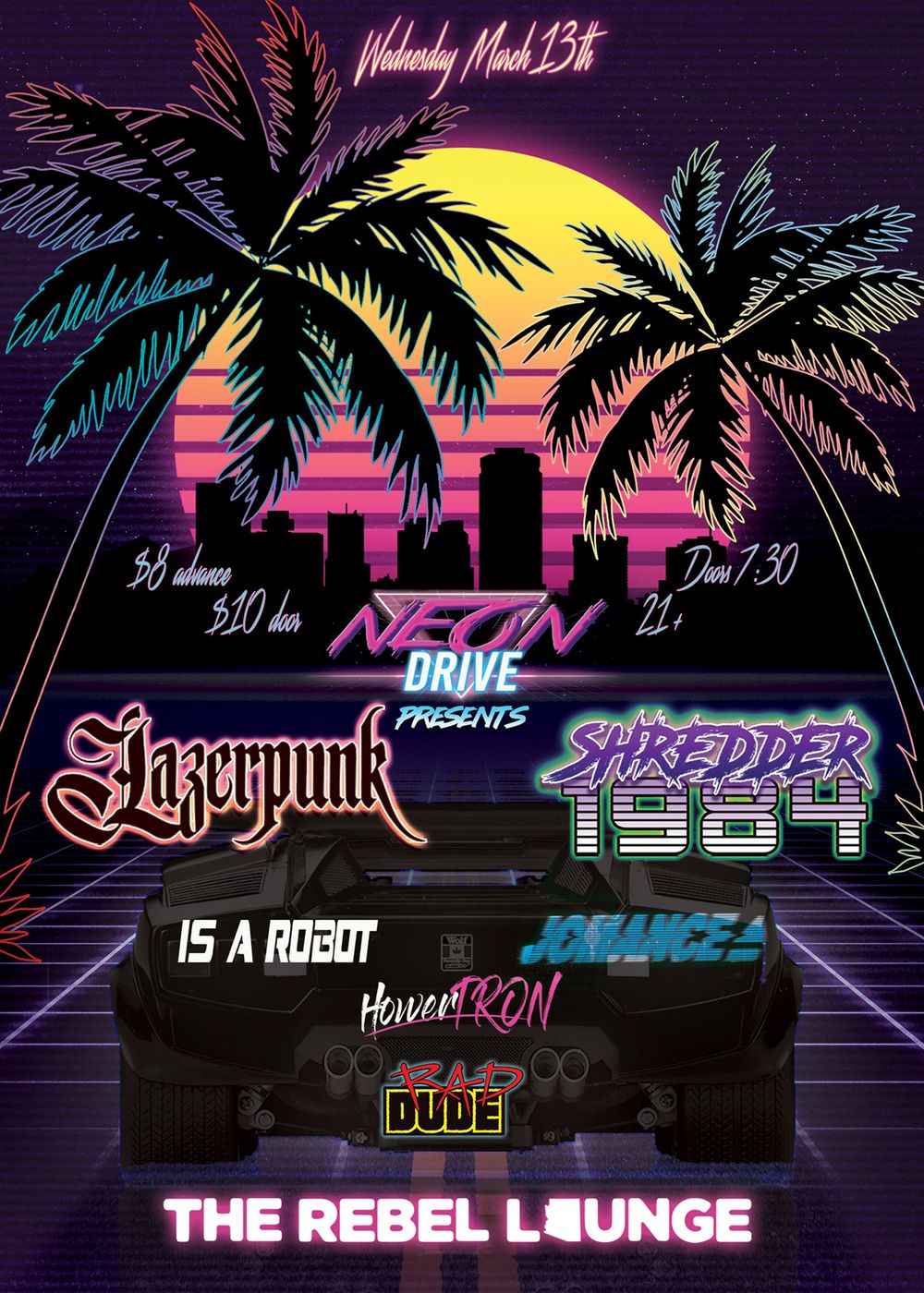 Flyer for 'Neon Drive' synthwave show, featuring art and graphic design, an example poster from Phoenix, AZ, by Big Click Energy.
