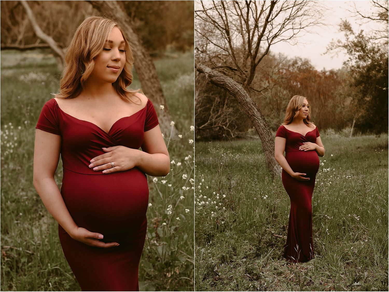 Maternity photos in a burgundy dress showcase an elegant outdoor pregnancy session.