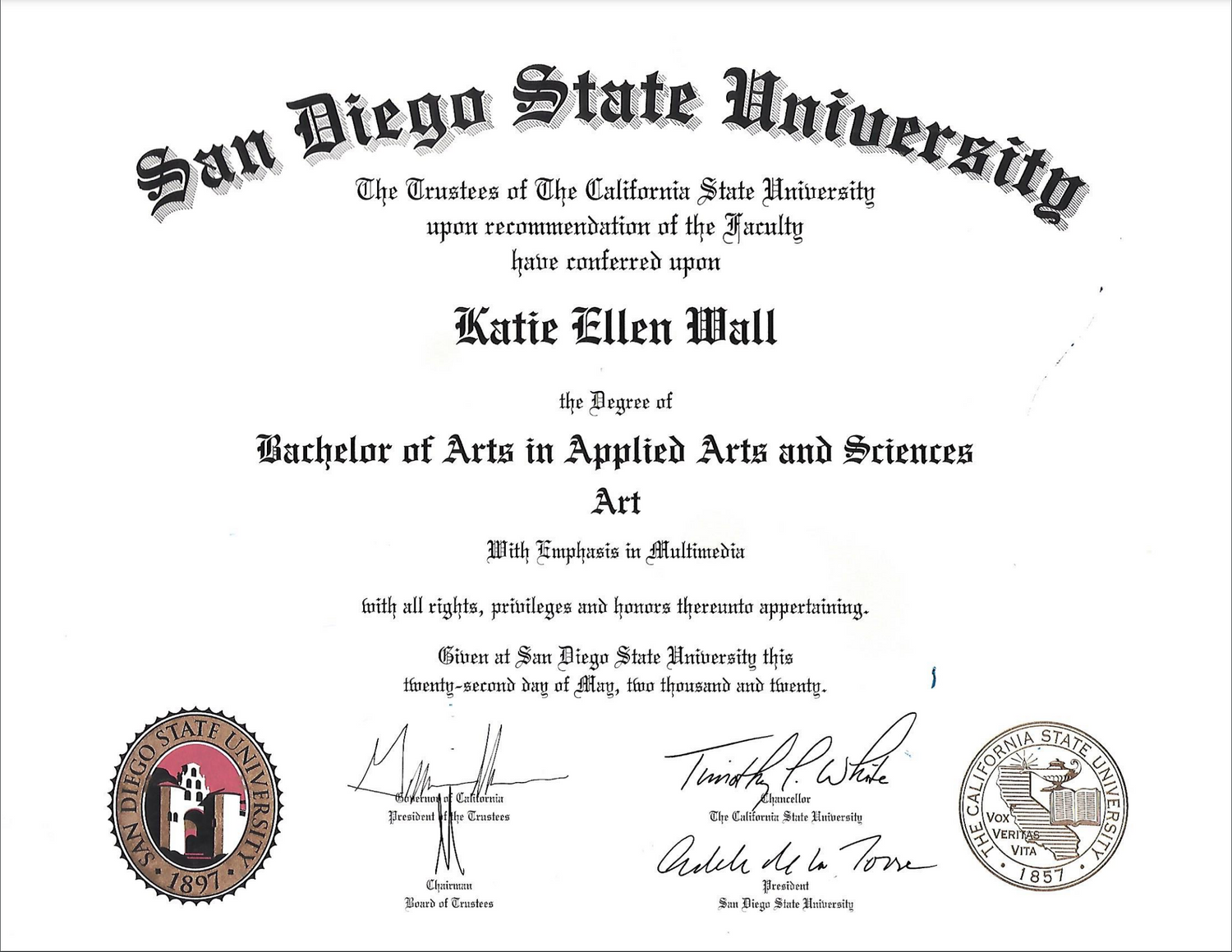 Bachelor of Arts degree diploma from San Diego State University.
