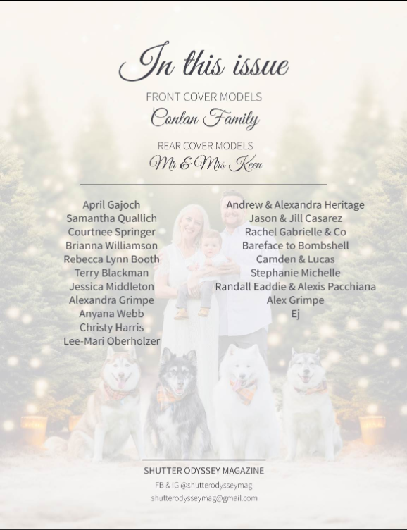 Elegant magazine layout displaying contributor names and front cover model information.