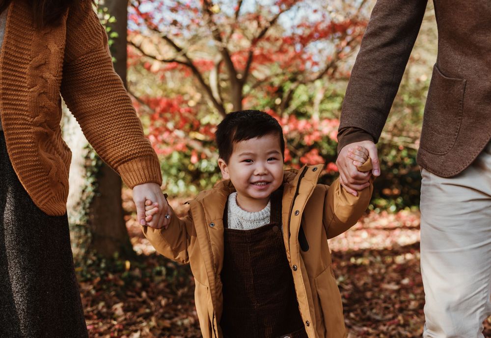 Child in brown cardigan holding hands with adults among autumn red maple trees.
