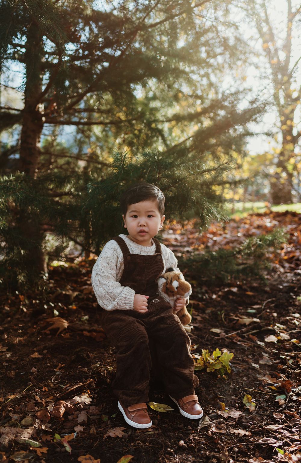 A young child in overalls sits on a log holding a stuffed animal during autumn.