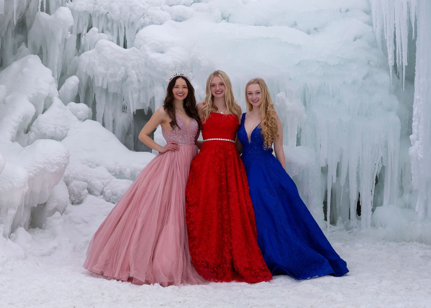 behind the scenes video of senior girls in prom dress at the midway ice castles posed