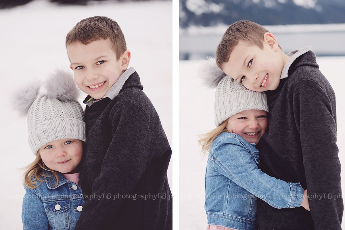 Winter engagement photos showing a couple in casual wear against snowy backdrop.
