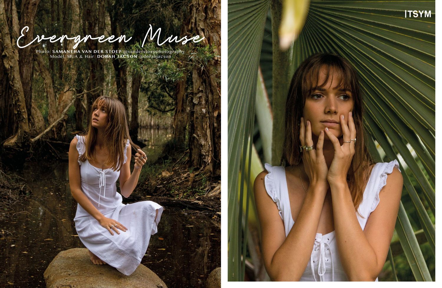 Ethereal fashion editorial of white dress in lush tropical setting.