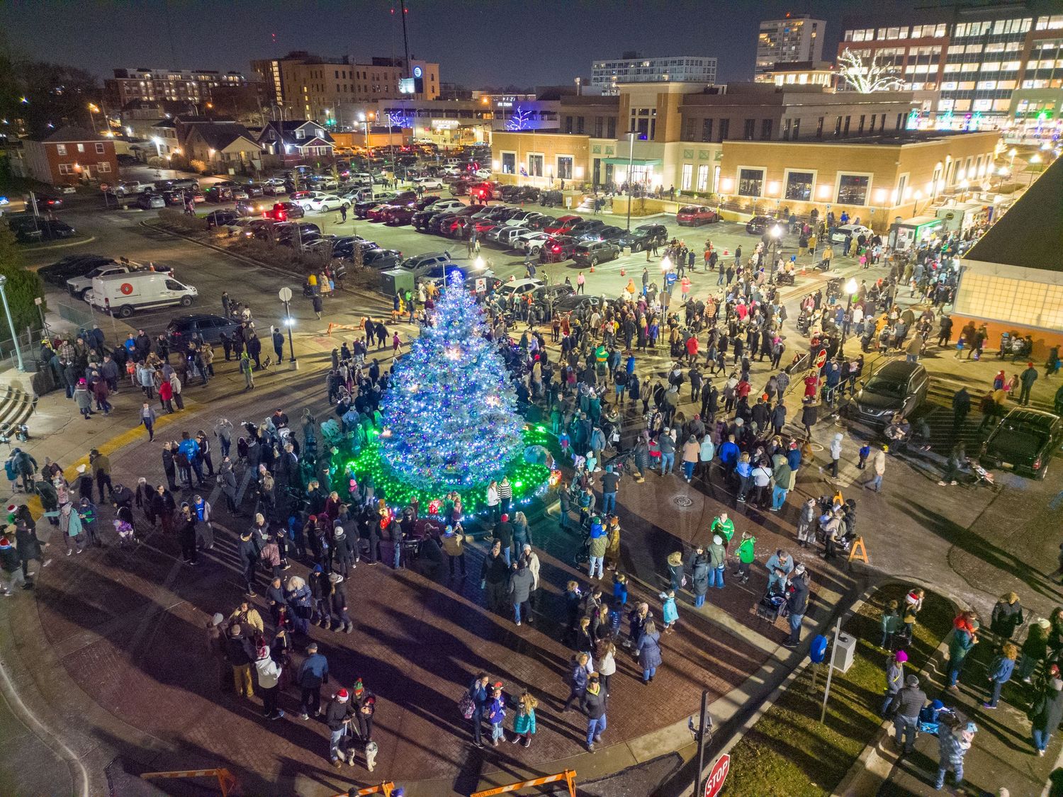 A Drone Shot of Royal Oak MI during a Holiday Tree Lighting. Aerial Photography Services in Royal Oak MI