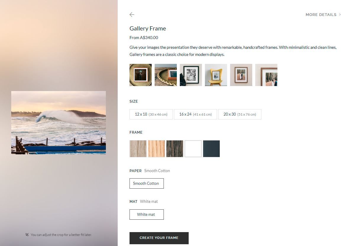 An image of the gallery frame online ordering process