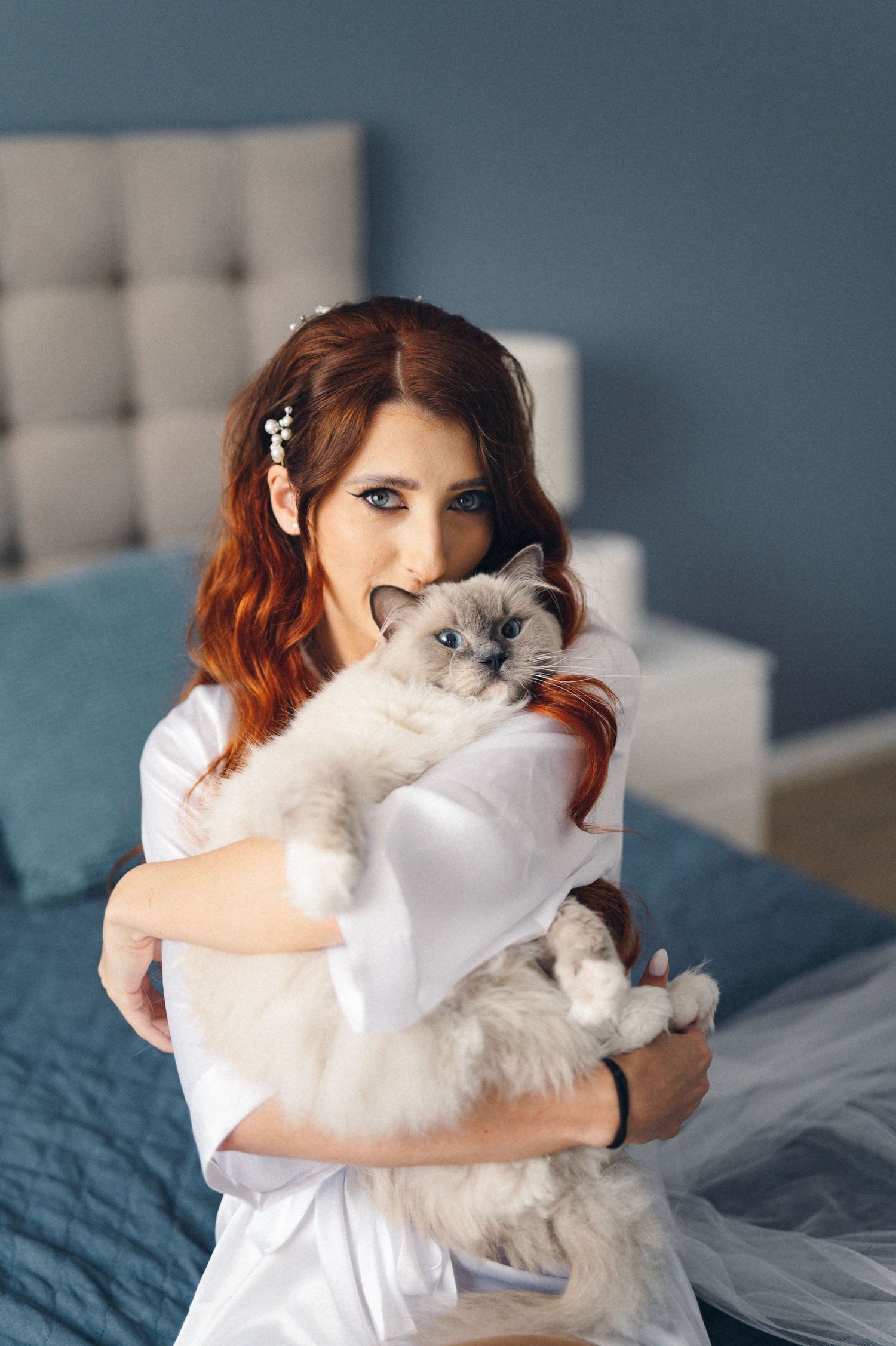 A Ragdoll cat being held by someone in a white shirt against a blue bedroom background.