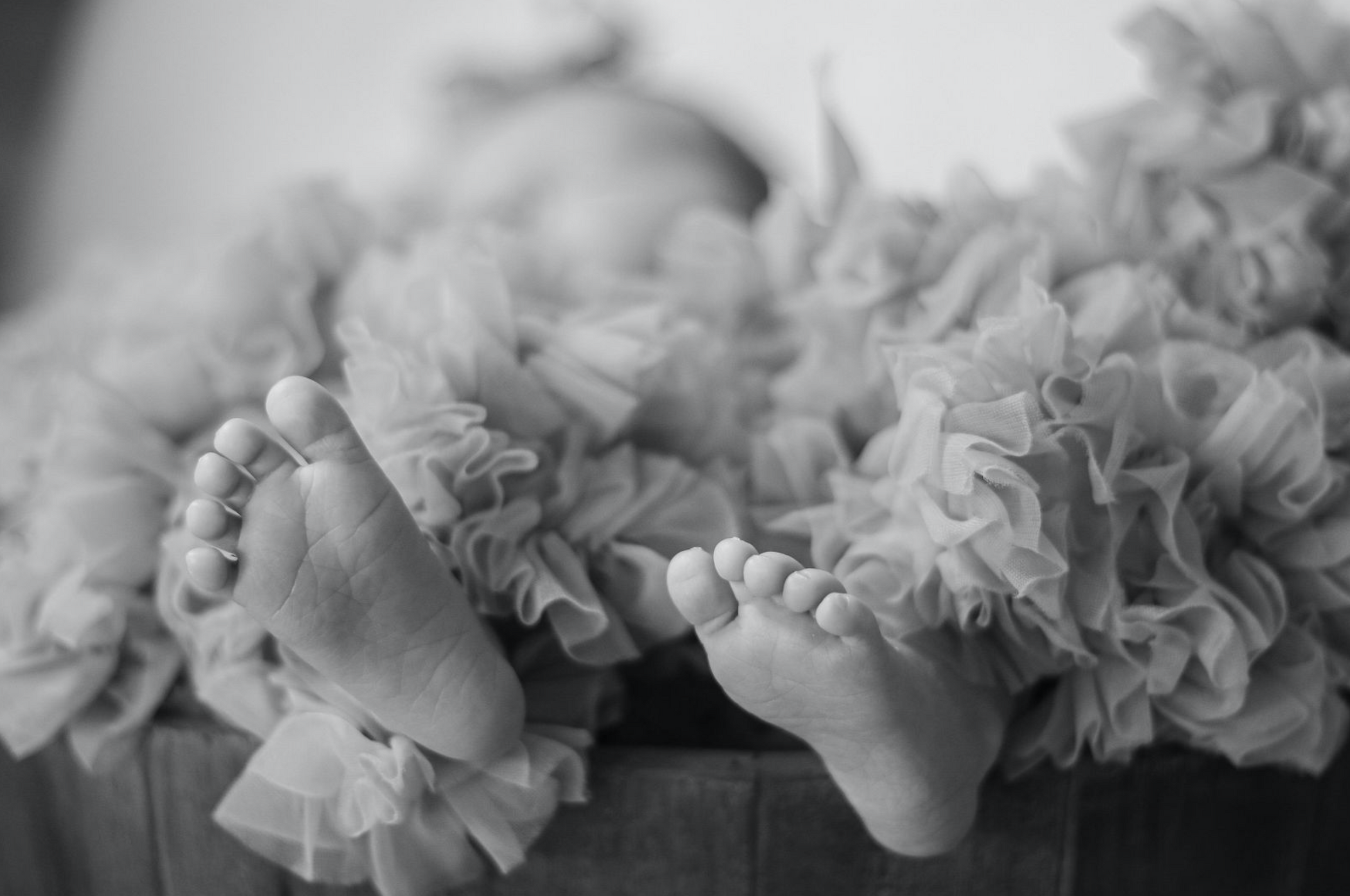Artistic black and white photo of tiny feet among soft ruffled fabric.