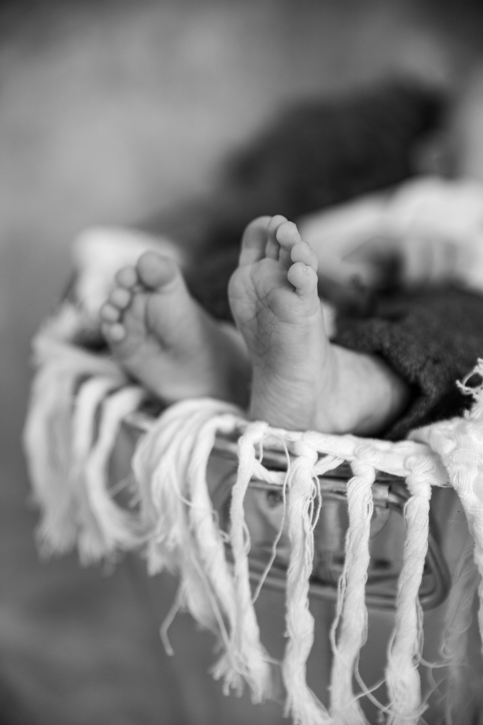 Black and white close-up of tiny baby feet resting on fringed fabric.