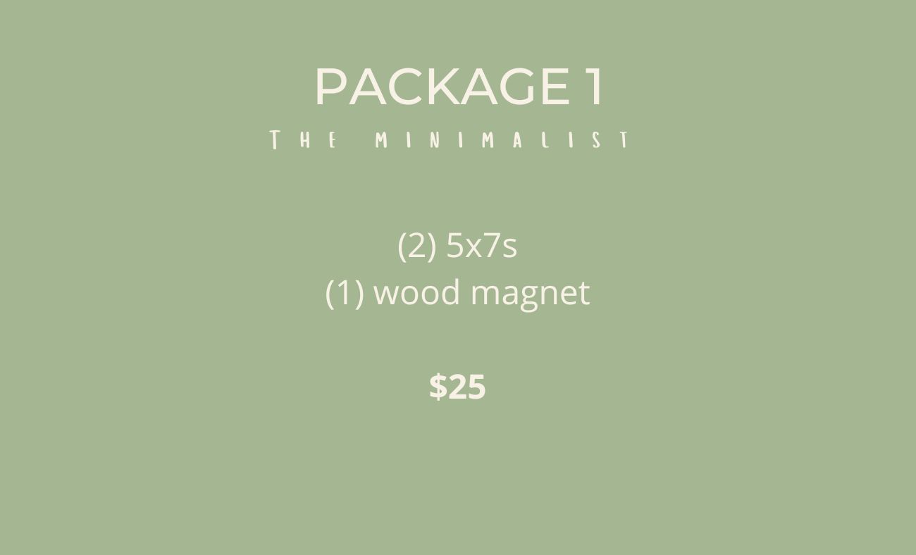 Green pricing package advertisement for two 5x7s and one wood magnet for $25.