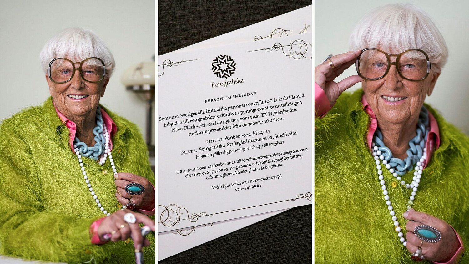 Senior woman wearing bright lime green sweater and pearls holding diploma certificate.
