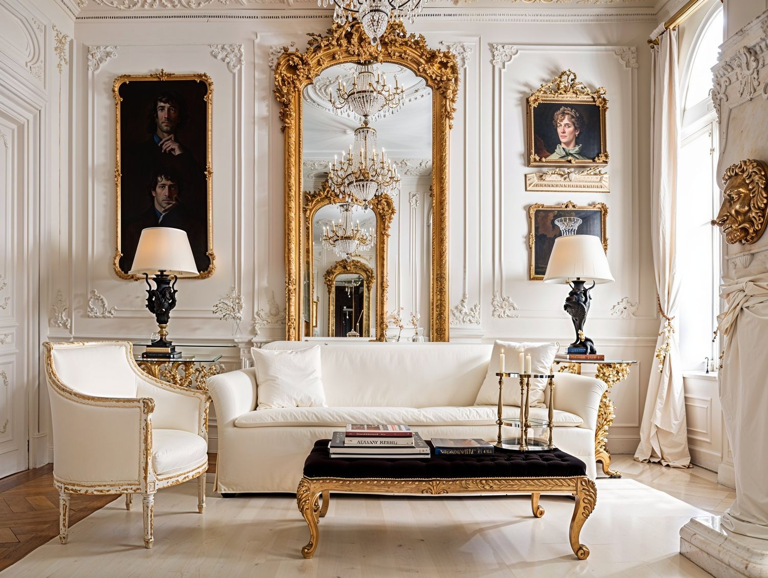 Elegant white French-style sitting room with ornate gold mirror and crystal chandelier.