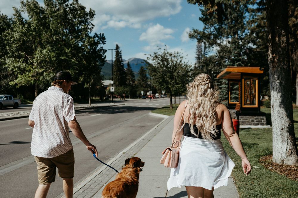 Couple walking their brown dog on a sunny mountain town street.