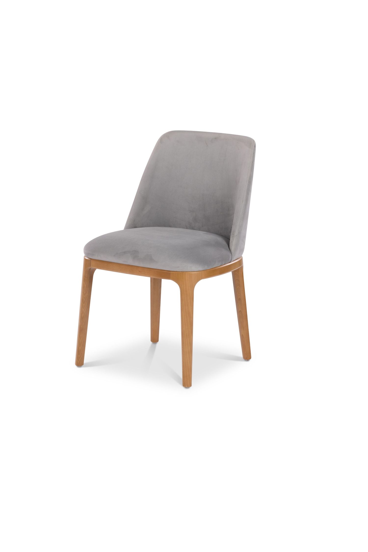 Modern dining chair with gray upholstery and wooden legs in a minimalist design.
