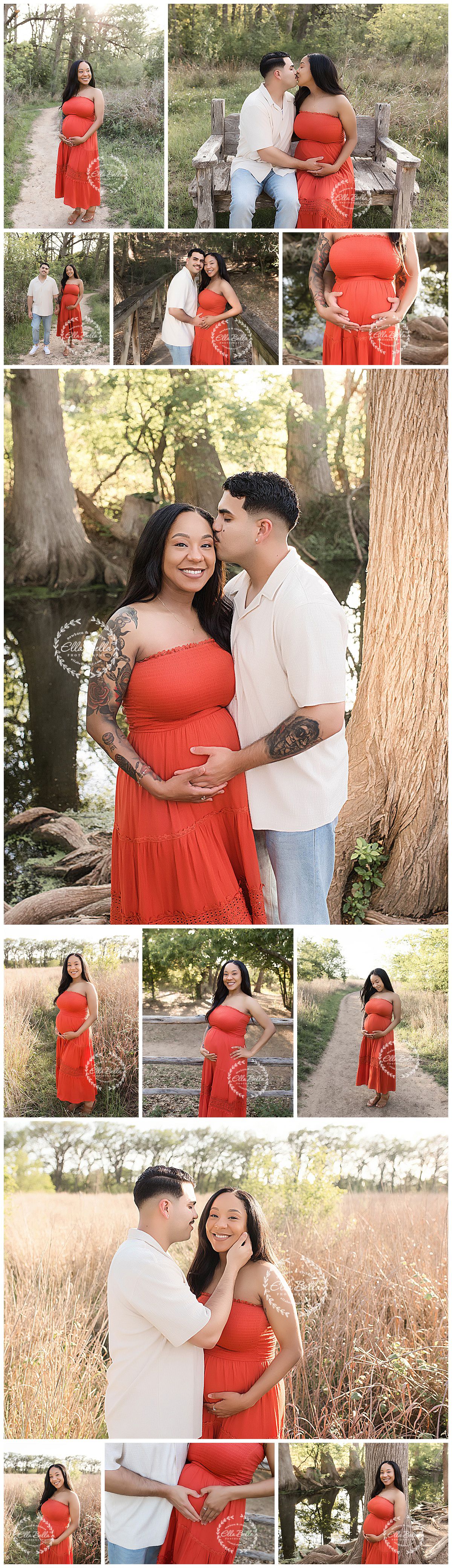 Maternity photo collage featuring couple in coral dress and white shirt in outdoor natural settings.