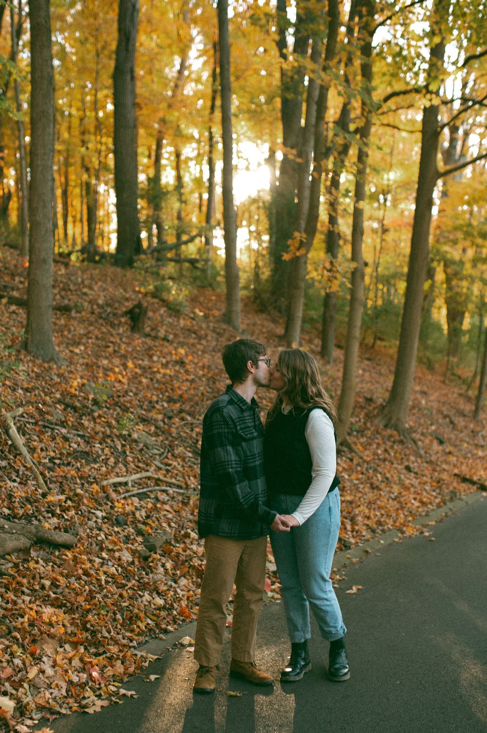 Romantic autumn scene on a paved path through woods covered in fallen leaves.