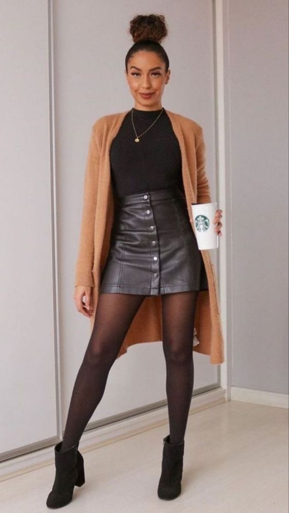 Fashion outfit featuring black leather top, camel coat, and tights in multiple styling poses.