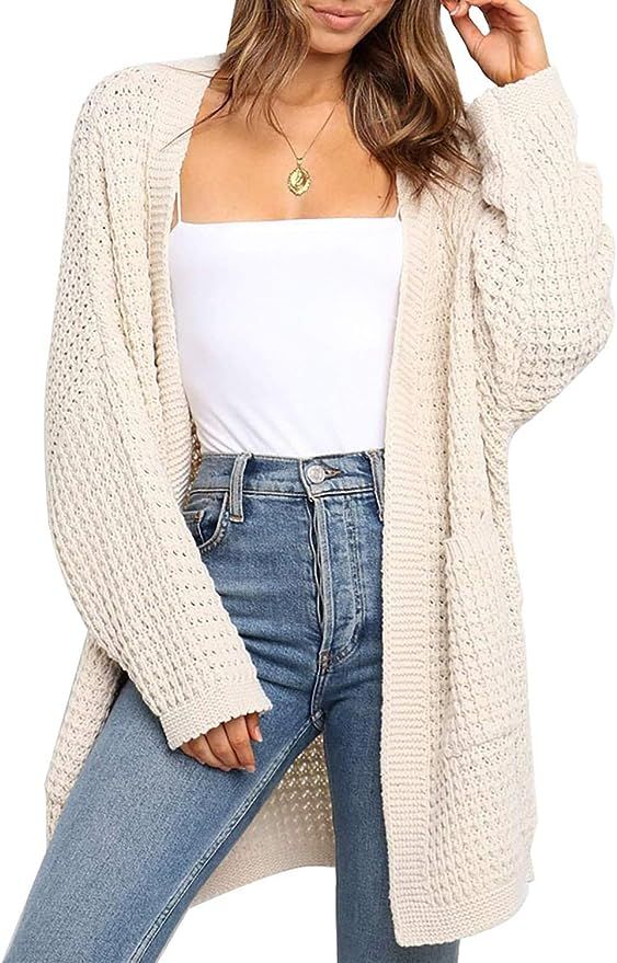 Cream colored chunky knit cardigan styled with blue jeans and white top in multiple product views.