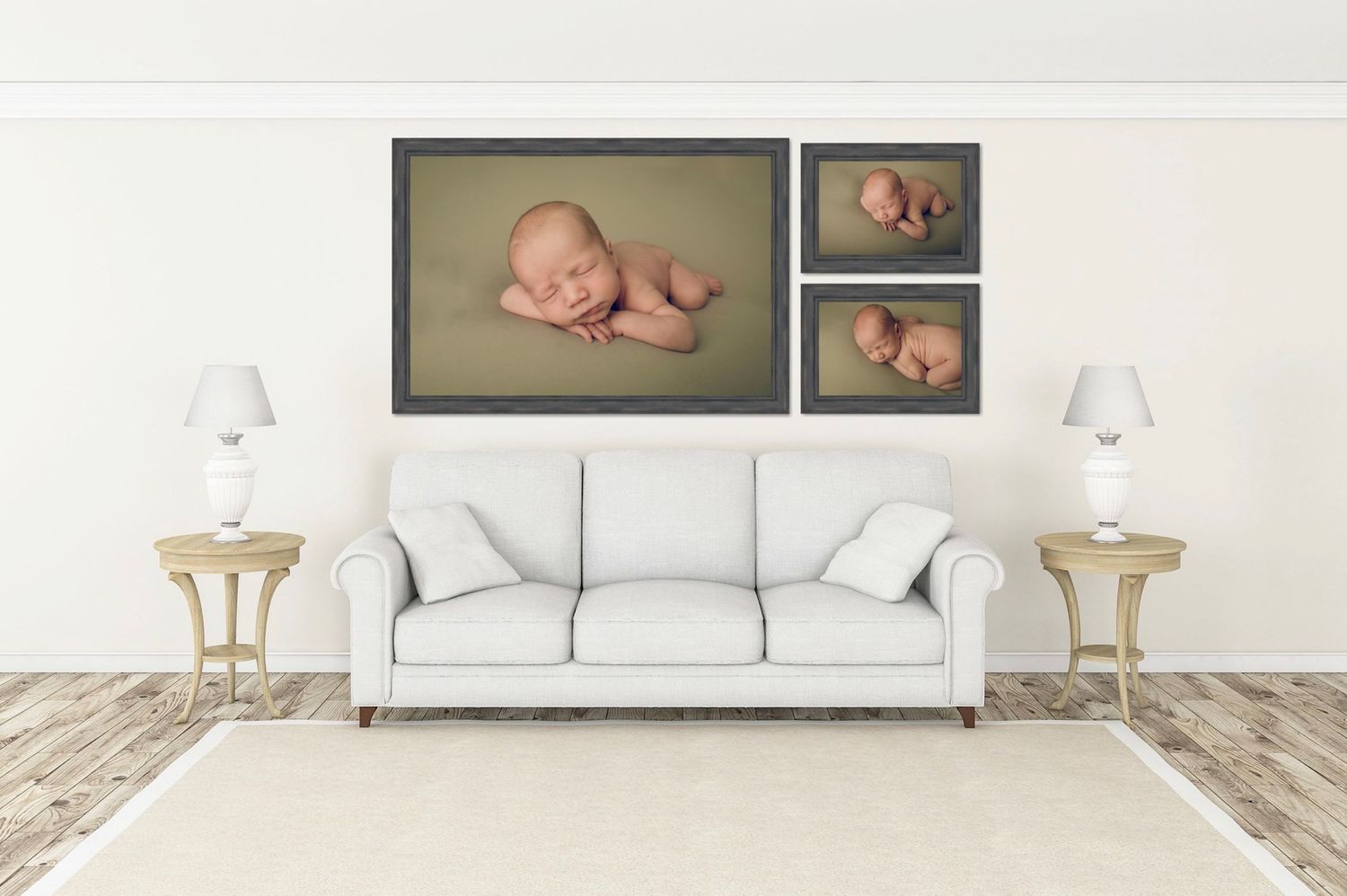Home interior mockup showing framed photography on white walls with modern furniture.