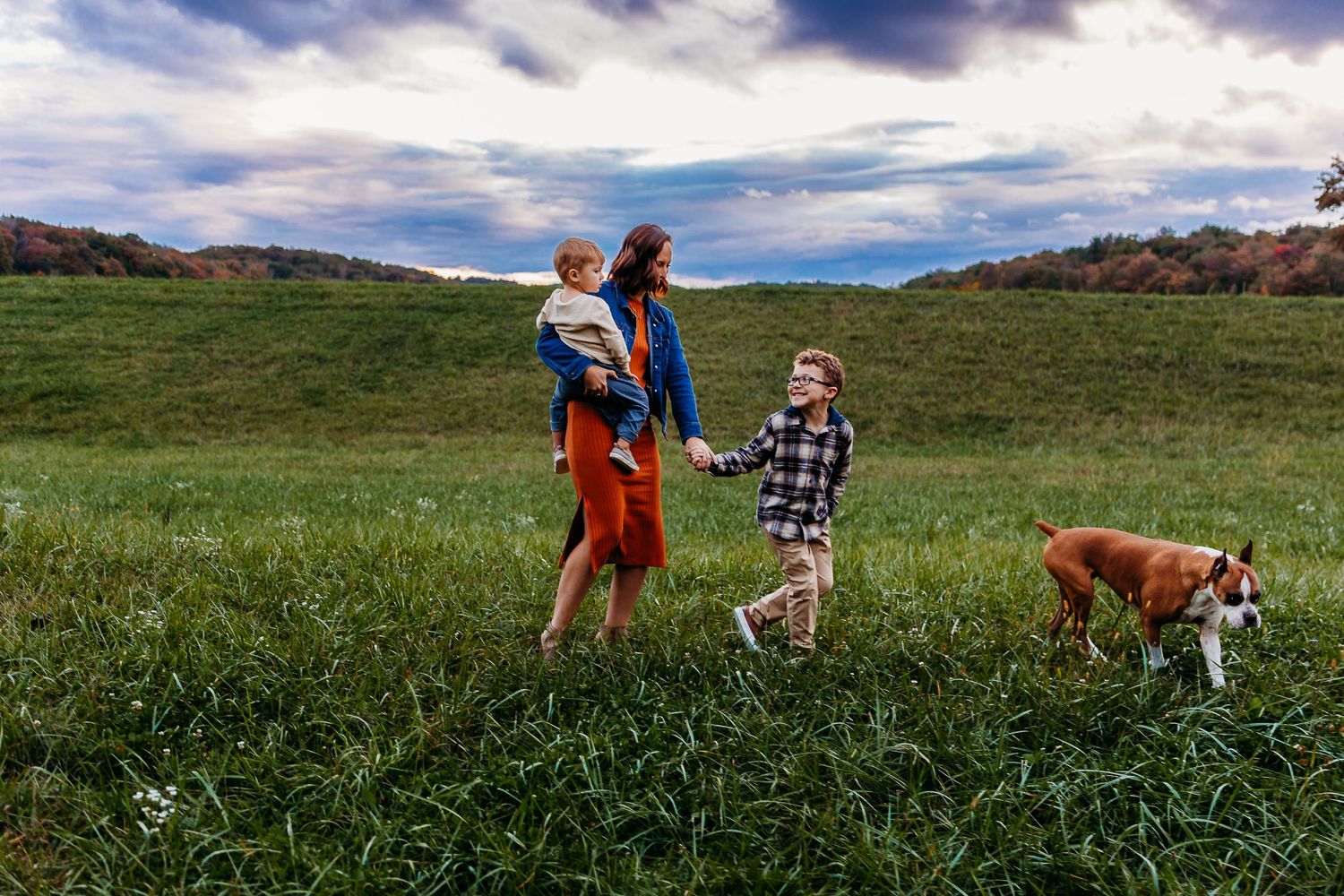 Family enjoying a walk through a grassy meadow with their dog under dramatic cloudy skies.