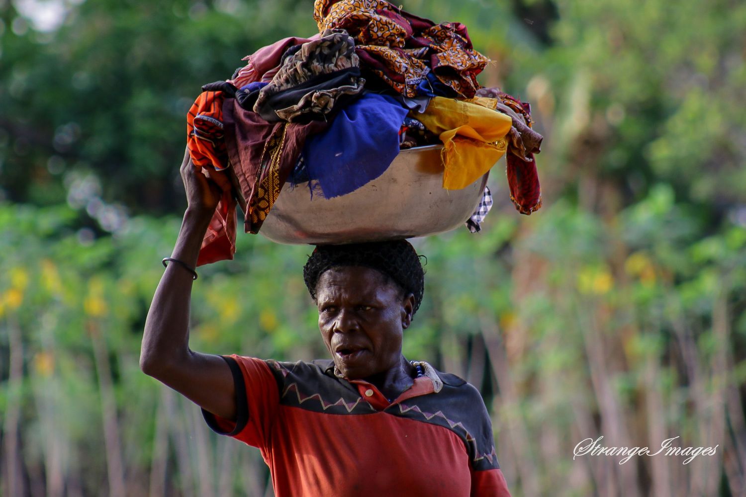 woman with basket of cloths from stream